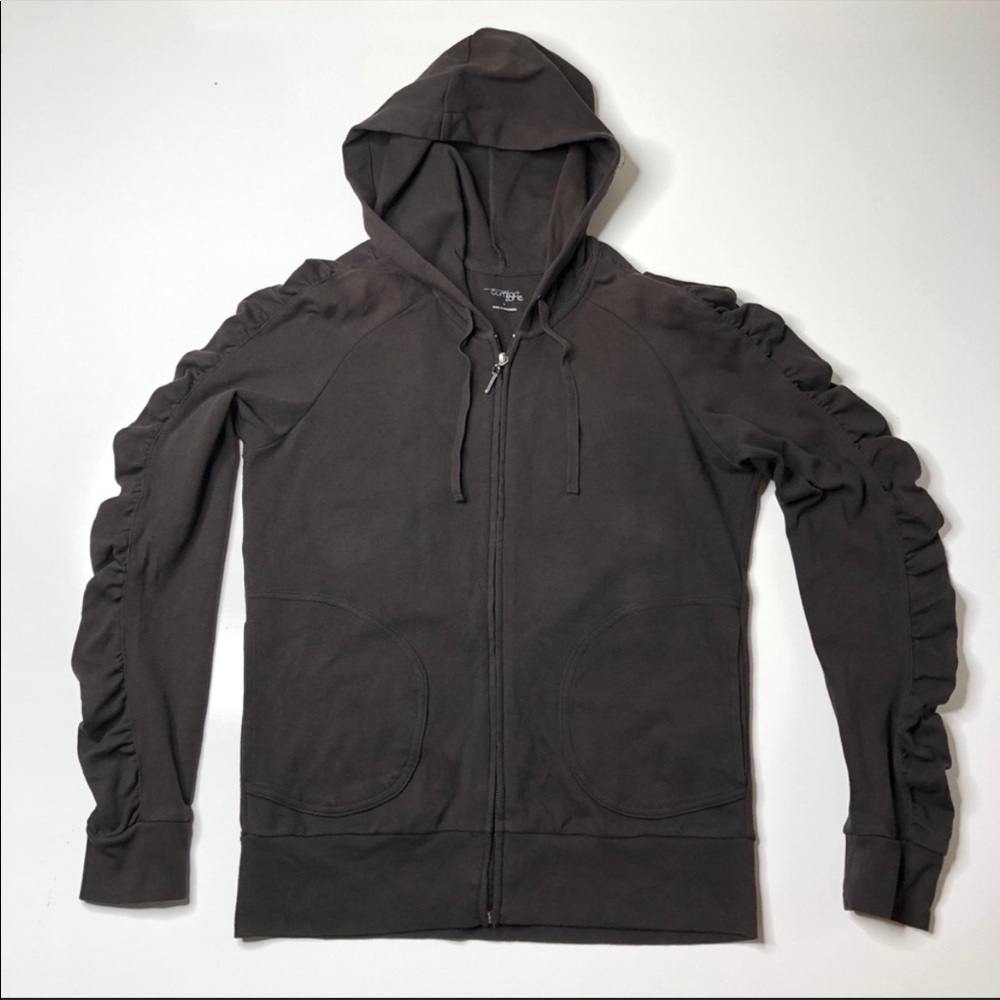 NEW York & Company Chocolate Brown Ruched Sleeve Pocket Zipup Hoodie SIZE S